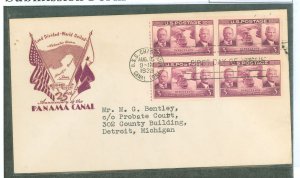 US 856 3c Panama Canal Anniversary (block of four) on an addressed (typed) FDC with a Holland cachet.