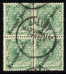 German Colonies, Marshall Islands #8 Cat$56+, 1899 5pf green, block of four, ...