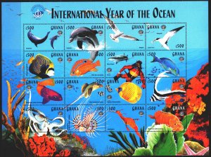 Ghana. 1998. ml 2817-32. Ocean fauna, fish, dolphins, seagulls, diver. MNH.