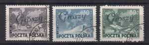 POLAND STAMPS, 1949,Sc.#457-459, GROSZY Mi.#636-638 (1950), USED