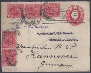UK GB TO GERMANY 1903 UPRATED KING GEORGE V POSTAL COVER LEEDS TO HANOVER