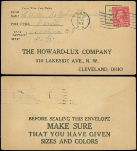 1927 PONCE PUERTO RICO CDS, Pre-Addressed HOWARD-LUX COMPANY, Cleveland OH, #634