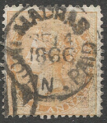 INDIA 1865, 2a yellow orange, Sc 23, Used, VF, MADRAS PAID 1866 cancel
