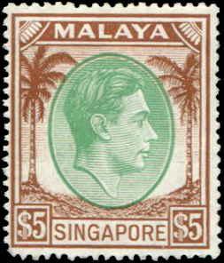 Singapore SC# 20a SG# 30 George VI $5.00 PERF 18 MVVLH/MNH