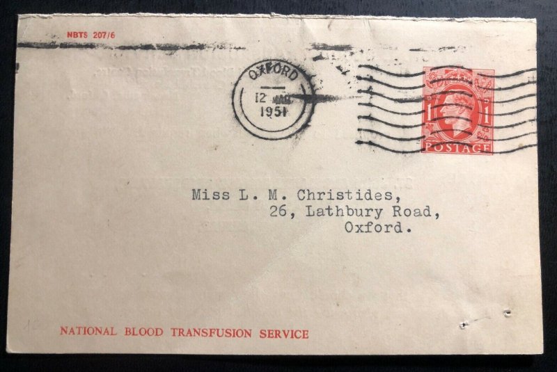 1951 Oxford England Blood Transfusion Postcard Postal Stationery Cover Local