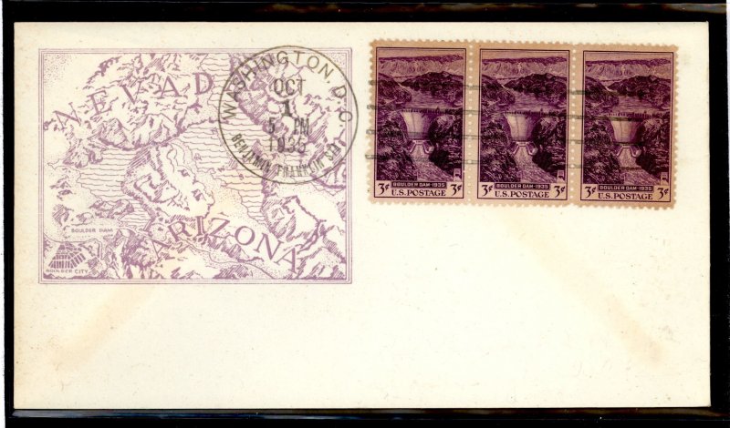US 774 1935 3c Boulder Dam strip of 3 on an unaddressed FDC (second day/first day of sale cover) with a 10/1 Washington DC cance