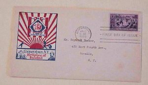 US FDC 1939 BASEBALL #855-60B cat.$500.00 LEATHERSTOCKING ADD ON