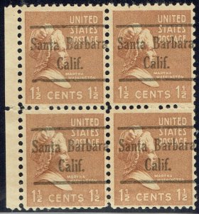 1938 1.5c M Washington w/precancel f/SANTA BARBARA CA (805-230) mar Block of 4