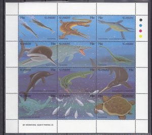 St. Vincent, Scott cat. 2048 a-l. Marine Life Dinosaurs sheet.