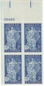 Scott # 1082 - 3c Deep Blue - Labor Day Issue - plate block of 4 - MNH