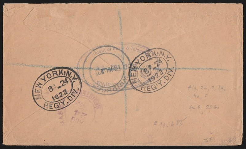 SOUTH WEST AFRICA 1923 Registered cover franked setting I KGV. To USA.  