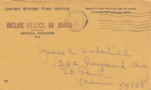 United States Nevada Incline Village 89450 1972 machine  Post Office Penalty.