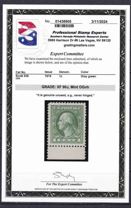 US Scott 536 1919 1c perf 12.5 Offset,  XF 90J MNH with 2024 PSE Cert SMQ $225