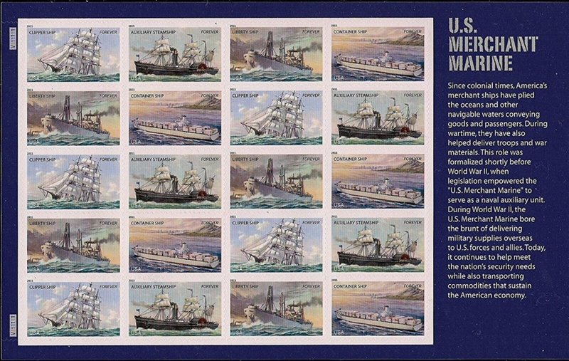 U.S. Merchant Marine Sheet of 20 Current Rate Postage Stamps 4548-4551