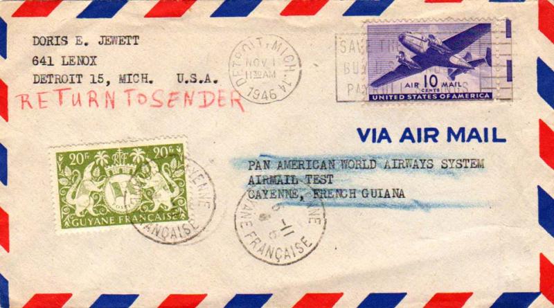 French Guiana U.S. 10c Transport 1946 Detroit, Mich. Pan Am Test Flight Airma...