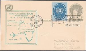 USA UN FRANKING 1961 first flight postcard NY to Lagos Nigeria..............7186