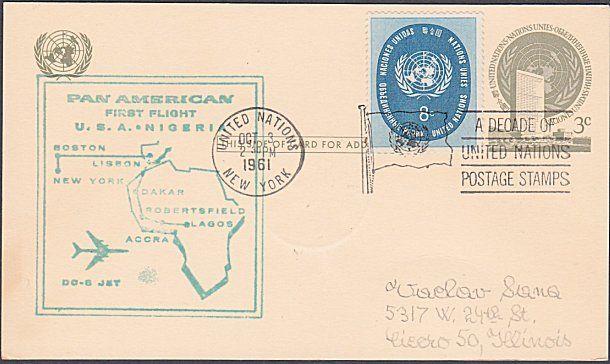 USA UN FRANKING 1961 first flight postcard NY to Lagos Nigeria..............7186