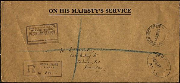 GILBERT & ELLICE 1941 OHMS registered CENSORED cover to Canada 