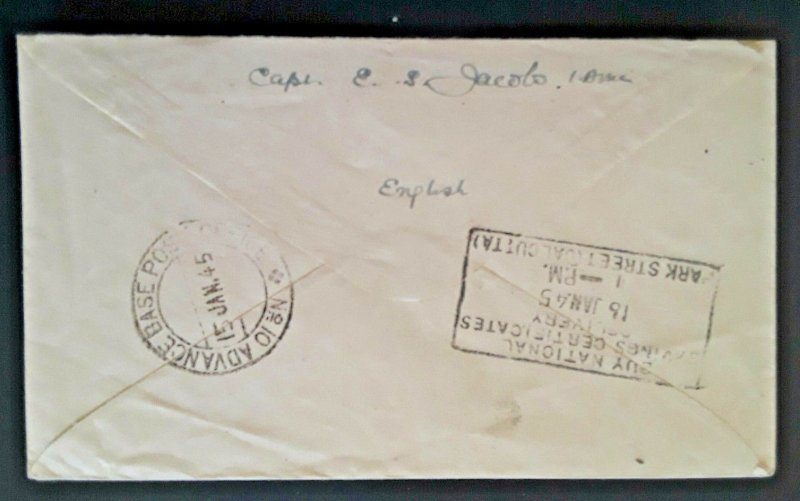 1945 Base Post 10 Ranchi To Calcutta India Soldiers Free Mail Censored Cover