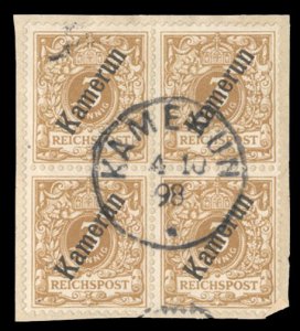 German Colonies, Cameroon #1, 1897 3pf yellow brown, block of four, used on p...