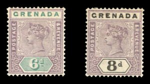 Grenada #44-45 Cat$38, 1895 Victoria 6p and 8p, hinged