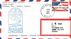 DELTA AIR LINES FIRST FLIGHT ATLANTA GA TO LONDON ENGLAND CACHET COVER 1978