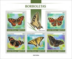 Guinea-Bissau 2021 MNH Butterflies Stamps Peacock Butterfly Red Admiral 5v M/S