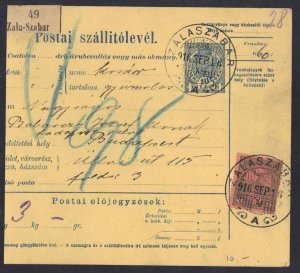 HUNGARY 1916 10H UPRATED PARCEL POST RECEIPT ZALASZABAR TO BUDAPEST