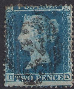 GB 1854 – 57 QV 2d Blue ( H & D ) Victoria Perfs 14 L / crown Used SG 34 ( ...