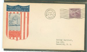 US 727 1933 3c Washington Headquarters/150th anniv of Peace between the US and Britain on an addressed (typed) FDC (First Day of