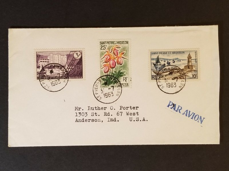 1963 St Pierre Miquelon Martinique to Anderson Indiana USA Air Mail Cover