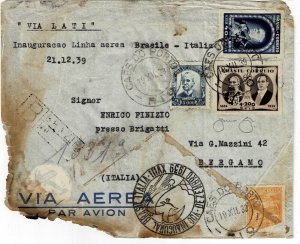 Brazil 1939 Rio cancel on LATI inaugural return flight to Italy, CRASH cover