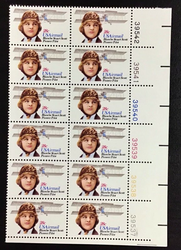 C99  Blanche Stuart Scott, Pilot  MNH  28c  One Plate Block of 12 FV $3.36