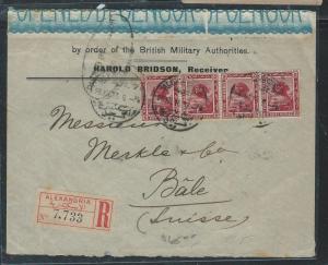 EGYPT  (P2408B) 1917 SPHYNX STRIP OF 4 REG TO SWITZERLAND BIG CENSOR LABEL