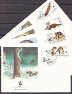 German Dem. Rep. Scott cat. 2618-2621. W.W.F.-Otters. 4 First day covers. ^