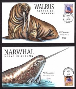 Collins FDC SC#4778-4781 Set, hand painted cachets, All Seasons, Sea Animals