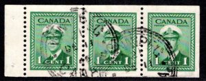 249c, Scott, 1c , VF, Used, War issue, booklet pane of 3 x 1c (Bk 38), Canada