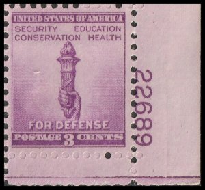 US 901 Torch Enlightenment National Defense 3c plate single LR 22689 MNH 1940