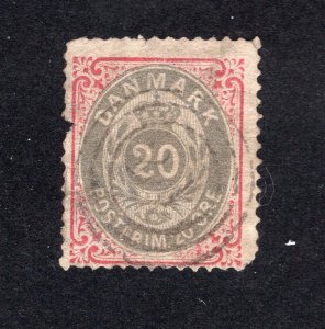 Denmark 1875 20o rose & gray Inverted Frame, Scott 31b used, value = $32.50