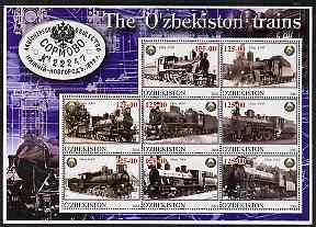 Uzbekistan 2001 Steam Trains #3 perf sheetlet containing ...