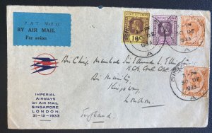 1933 Singapore Straits settlements First Flight Airmail Cover FFC To  England