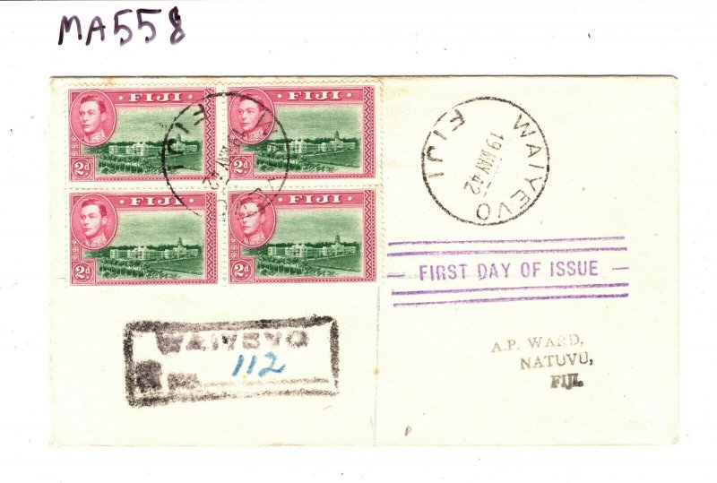 FIJI First Day Cover KGVI BLOCK OF FOUR Waiyevo Registered FDC Natuvu 1942 MA558