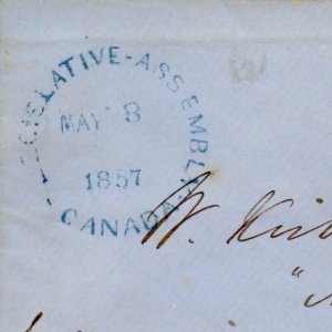 ? LEGISLATIVE ASSEMBLY 1857 FREE FRANKED blue ink to Niagara stampless cover