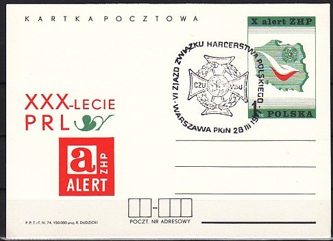 Poland, 1977 issue. 28/MAR/77 cancel on a Scout Postal Card, CP604. ^