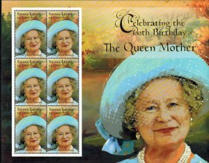 Sierra Leone MNH S/S Queen Mother's 100th Birthday 6 Stamps