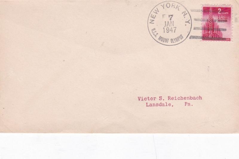 United States 1947 USS Mount Olympus New York to Lansdale Cover VGC