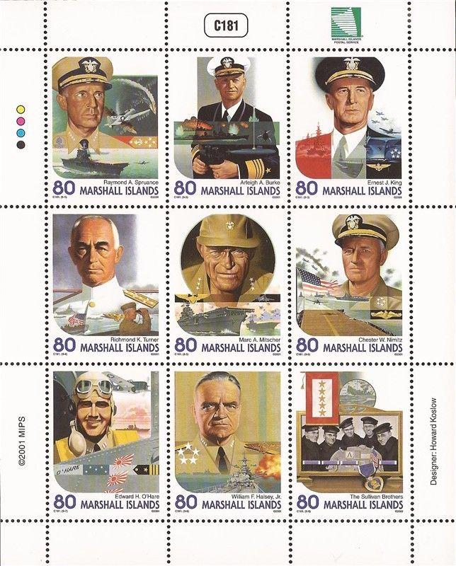 Marshall Islands 2001 World War II US Naval Heroes 9 Stamp Sheet #787