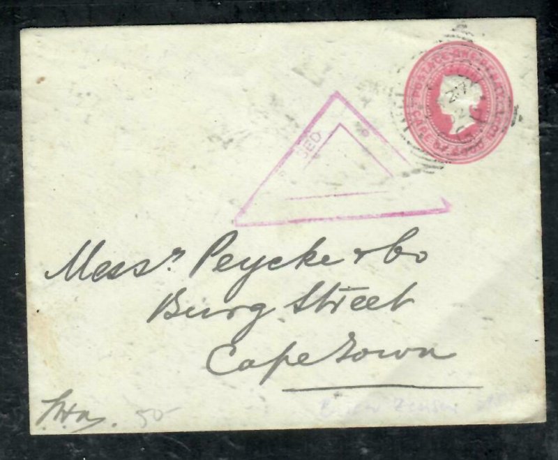 CAPE OF GOOD HOPE COVER (P3006B)  1902 QV 1D CENSOR PSE TO CAPETOWN