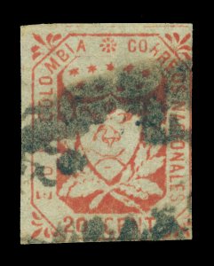 COLOMBIA 1864  Coat of Arms  20c scarlet  Scott # 32 used FVF