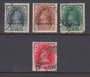 India, Nabha Sc 69-71, 90 used. 1936-40 overprinted KGVI low values, F-VF